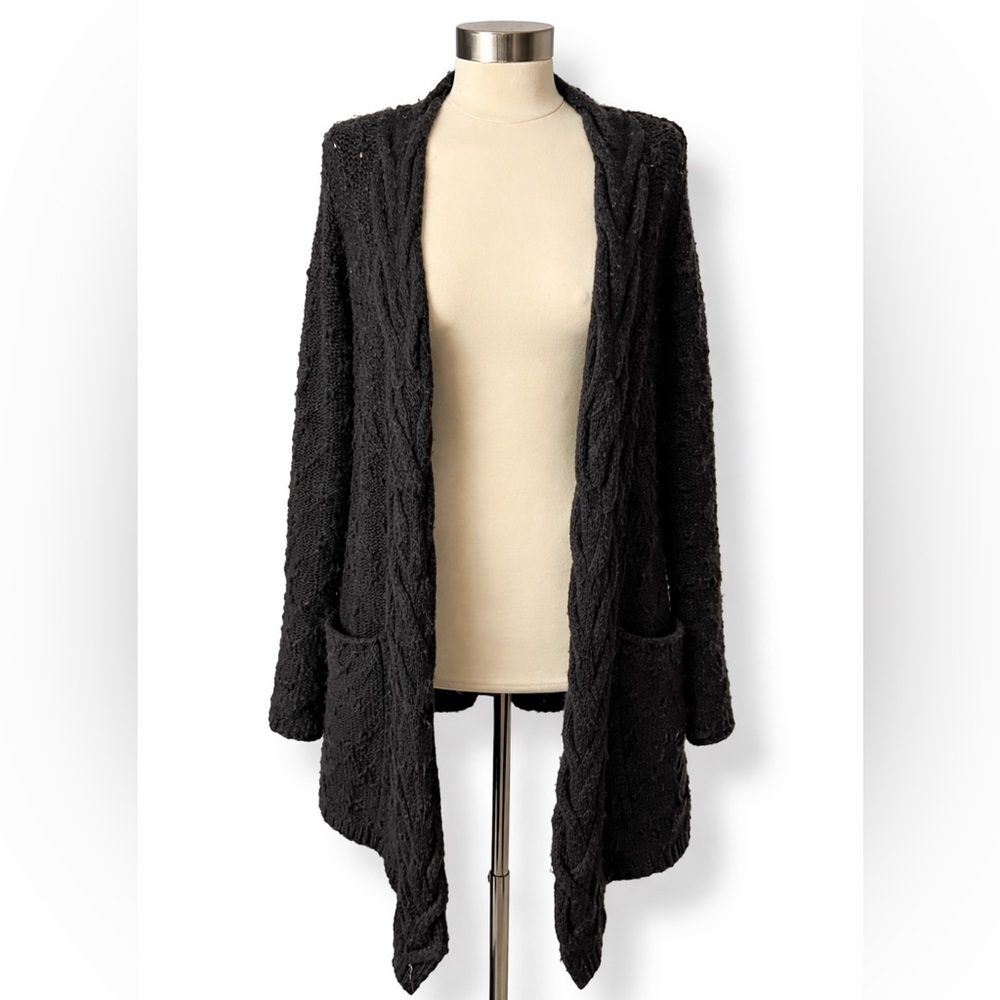 Eddie Bauer Wool Blend Cardigan M Black Opn Front w Pockets Lambswool Camel Hair